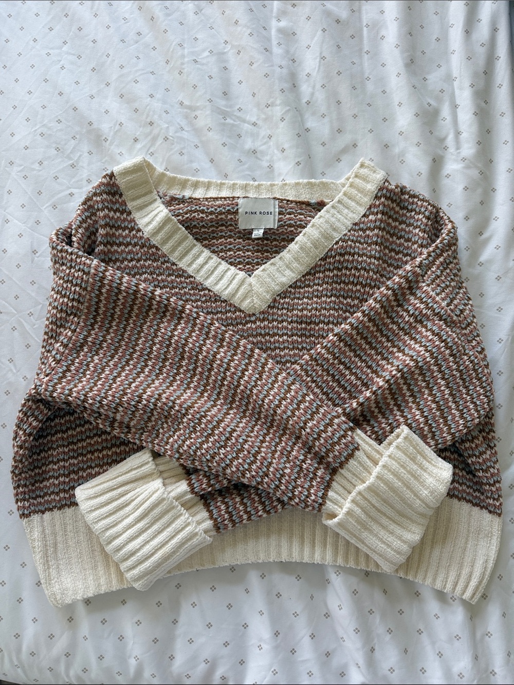 Pink Rose Cream & Brown Mixed-Stripe V-Neck Sweater